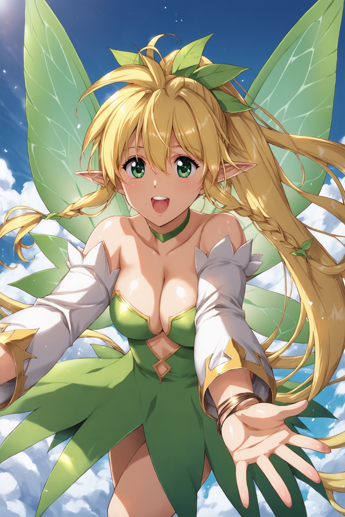 30632-3448147998-leafa,long hair,1girl,solo,breasts,blonde hair,cleavage,green eyes,wings,pointy ears,open mouth,fairy wings,teeth,outstretched a.png